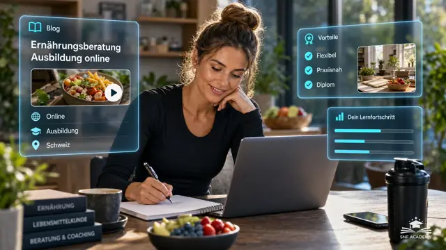 Frau lernt am Laptop Ernährungsberatung, Obst und Notizbuch, helle Wohnung