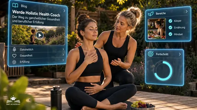 Coachin leitet eine Klientin bei einer Atemübung im Freien an, Garten mit Holzdeck. Thema: Coach werden