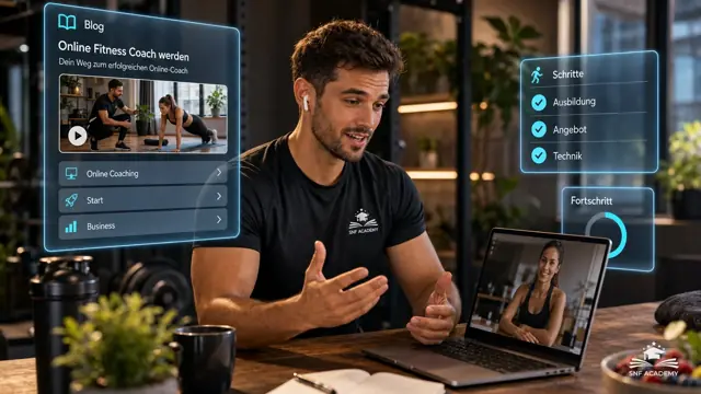 Online-Coach führt ein Training per Laptop, Kundin auf dem Bildschirm, Homestudio. Thema: EMS Trainer Ausbildung