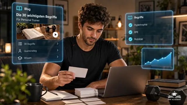 Quereinsteiger lernt Fachbegriffe mit Karteikarten, Laptop und Kurzhantel, Wohnung. Thema: