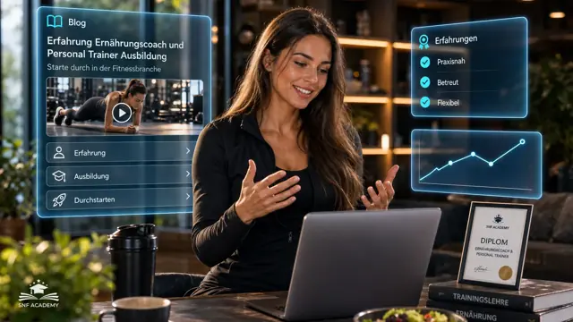 Absolventin erzählt lächelnd von ihrer Ausbildung, Laptop mit Diplom, Studio-Lounge. Thema: Wo finde ich Erfahrungsberichte zu Schweizer Ernährungscoach Ausbildungsanbietern? Der umfassende Leitfaden für 2025 und 2026