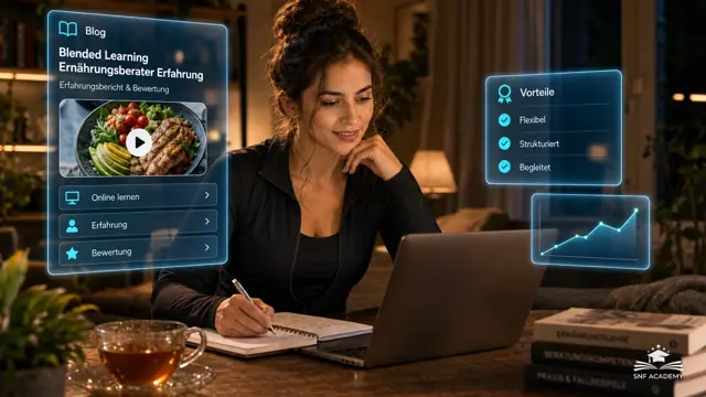 Frau lernt am Laptop mit Videolektion, Notizbuch und Tee, gemütliches Wohnzimmer am Abend. Thema: Ernährungscoach Ausbildung Wallis Erfahrung – Tatjana (32) über die Online-Ausbildung an der SNF Academy
