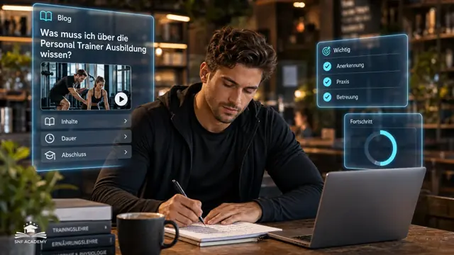 Mann notiert Fragen zur Ausbildung, Laptop und Kaffee, gemütliches Café. Thema: Fitness Instruktor Ausbildung Schweiz