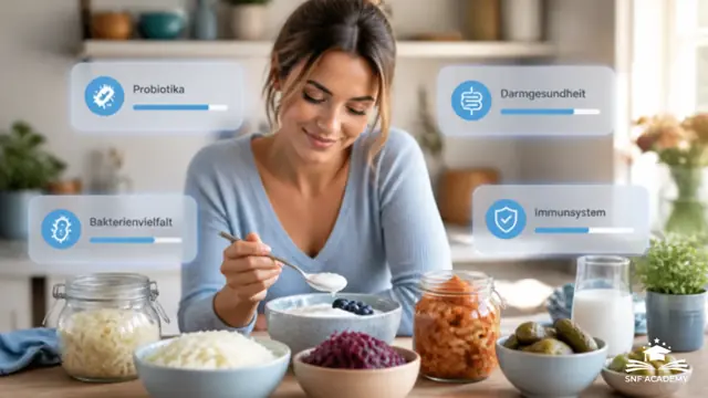 Frau isst Joghurt, davor Schalen und Gläser mit fermentierten Lebensmitteln, mit Info-Karten zu Probiotika und Darmgesundheit