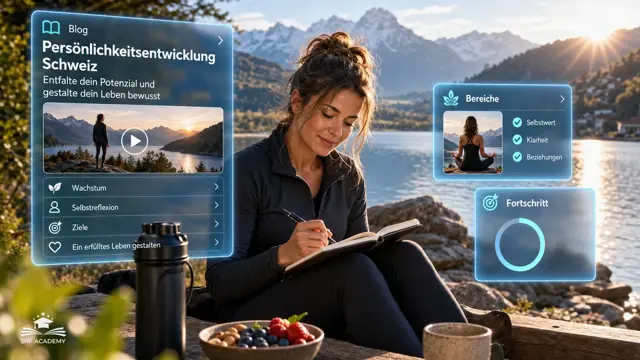 Frau sitzt am Seeufer mit Notizbuch, Schweizer Berge im Morgenlicht. Thema: