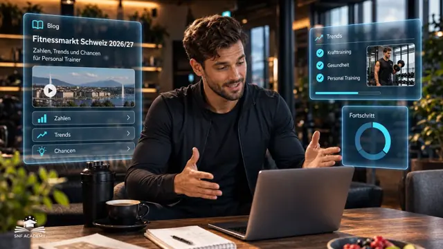 Personal Trainer präsentiert am Laptop eine Marktübersicht, Kaffeetasse, Lounge eines Fitnessclubs