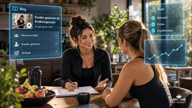 Ernährungscoachin führt ein Gespräch mit einer neuen Kundin, Obstschale und Notizbuch, heller Raum. Thema: Kunden gewinnen