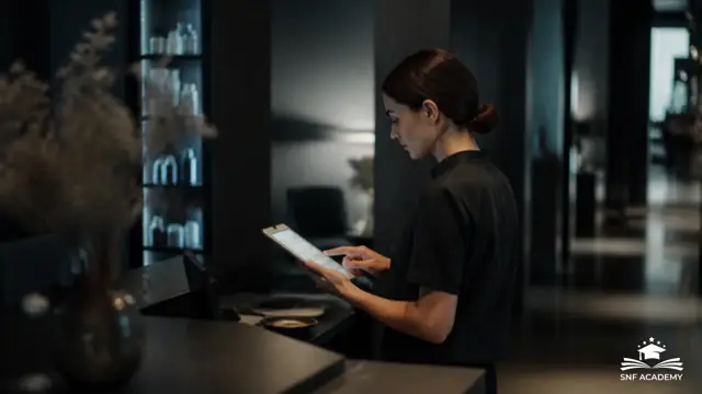 Kosmetikerin prüft am Empfang des Studios den Terminkalender auf einem Tablet