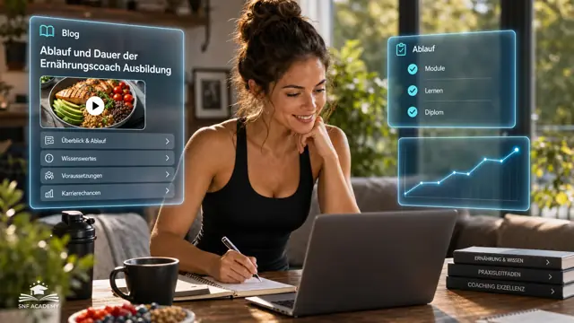 Teilnehmerin schaut am Laptop ihren Lernfortschritt, Notizbuch, helles Wohnzimmer